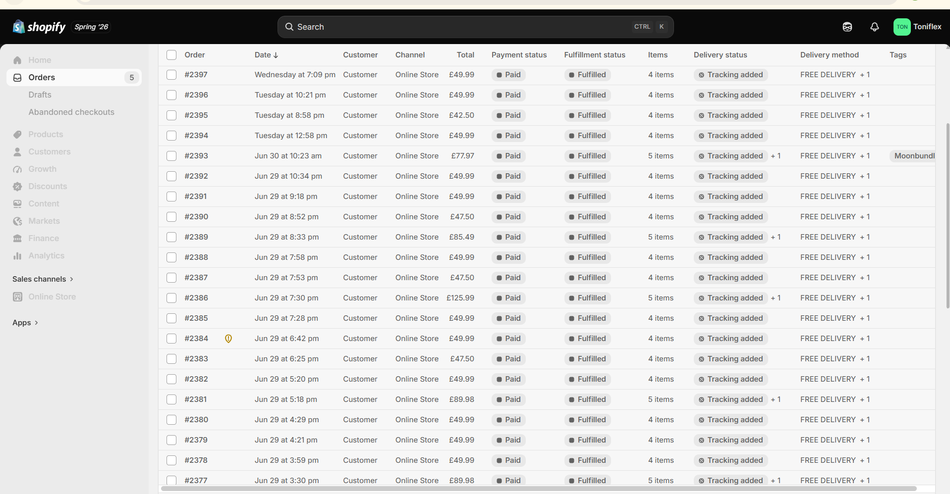 Toniflex Shopify Orders Dashboard
